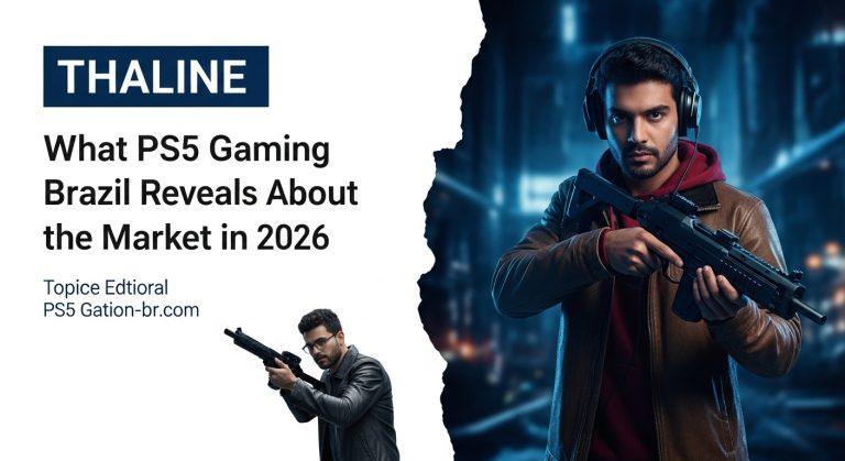 Brazilian PS5 gaming scene with a modern living room and festive atmosphere