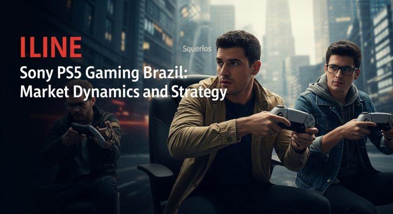 Brazilian PS5 gaming setup in a home living room with city sunset backdrop.