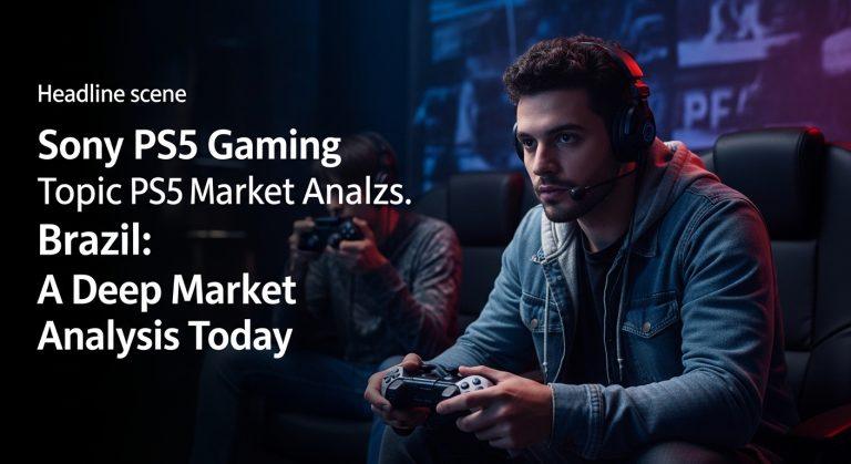 Brazilian gamers gathered around a PS5 in a busy gaming cafe, showcasing Brazil's growing PlayStation scene.