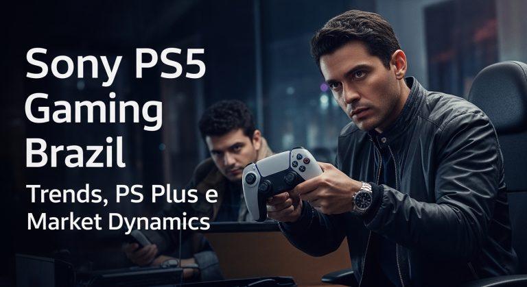 Brazilian gamer with PS5 and a city skyline in the background