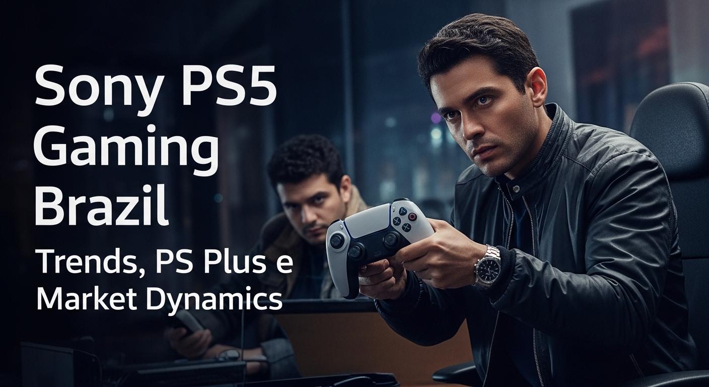 Brazilian gamer with PS5 and a city skyline in the background