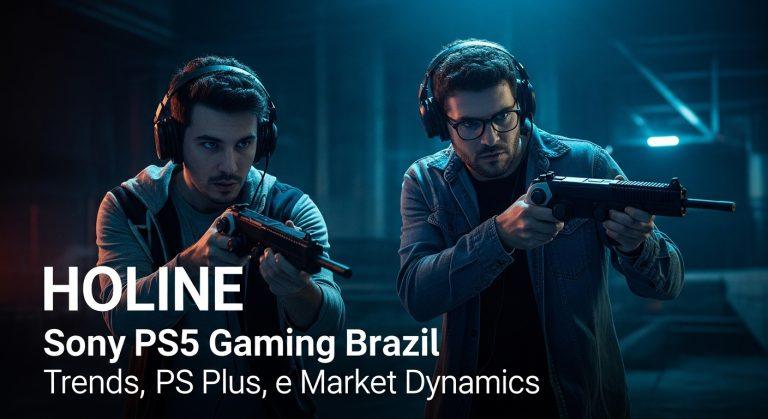 Brazilian gamer with PS5 and a city skyline in the background