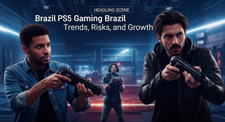 Brazilian gamer with PS5 console in a stylish living room