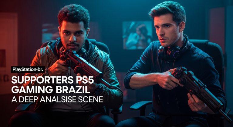 Brazilian PS5 gaming community setup with consoles and streaming gear in a colorful, patriotic palette.