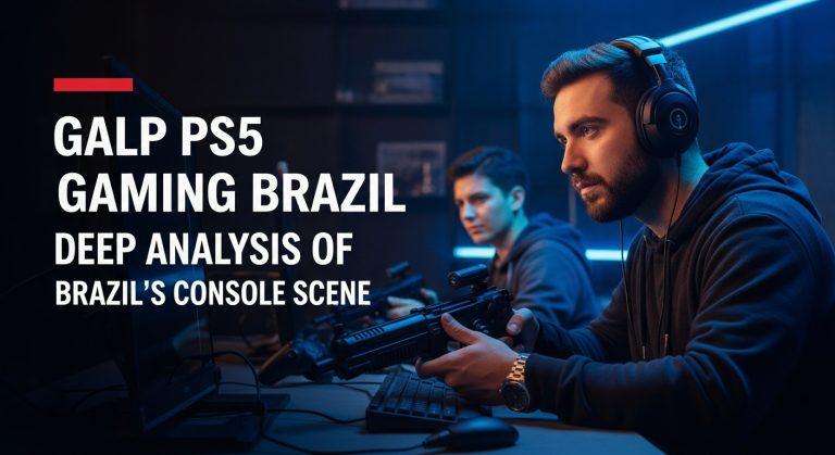 Brazilian PS5 gaming scene with a family in a living room, PS5 console on display and Brazilian flag accents.