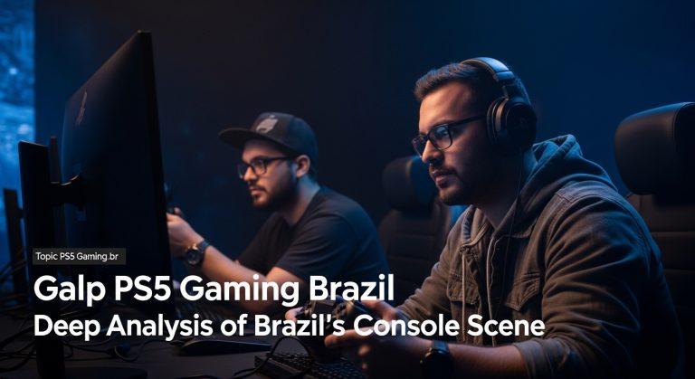 Brazilian PS5 gaming scene with a family in a living room, PS5 console on display and Brazilian flag accents.