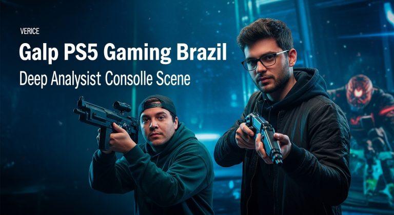 Brazilian PS5 gaming scene with a family in a living room, PS5 console on display and Brazilian flag accents.