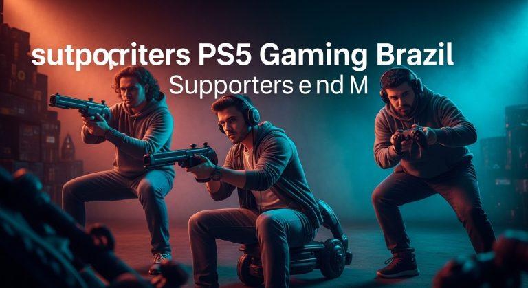 Brazilian PS5 gaming community gathering in a cafe with a PS5 on display.