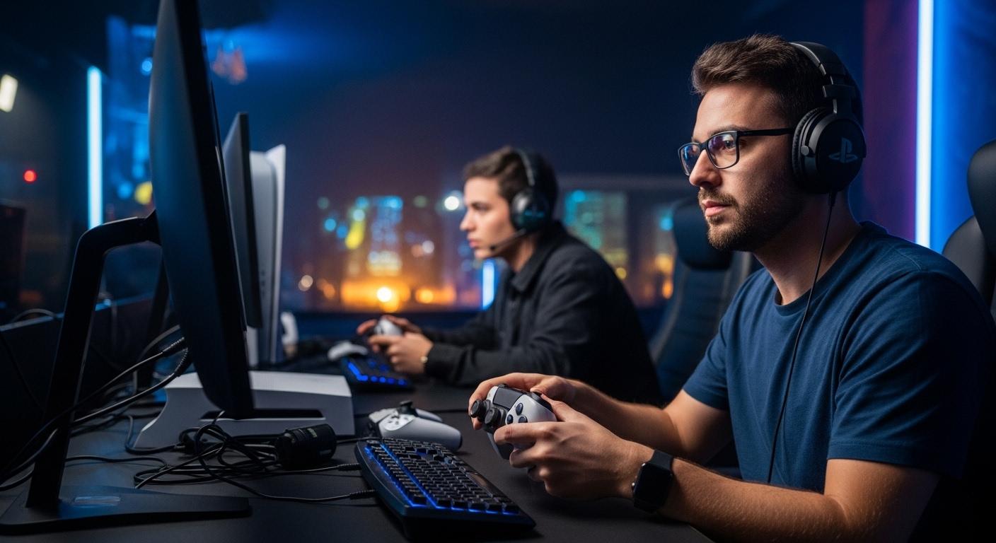 Brazilian PS5 gaming community gathering in a cafe with a PS5 on display.