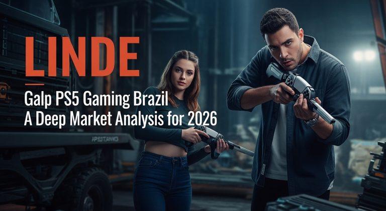 PS5 gaming setup in a Brazilian living room with neon lighting and cityscape backdrop