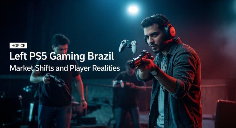 Brazilian PS5 gaming setup in a vibrant living room with neon lighting and a console