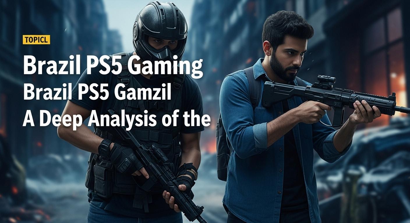 Editorial illustration of a Brazilian PS5 gamer with market data overlays.