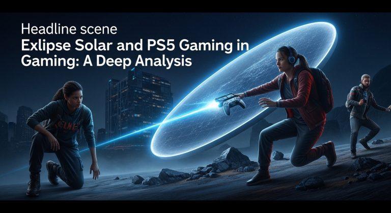 PlayStation 5 under a solar eclipse over a Brazilian city skyline