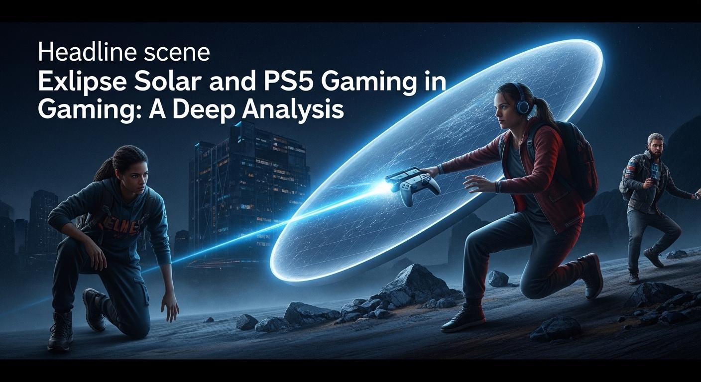 PlayStation 5 under a solar eclipse over a Brazilian city skyline