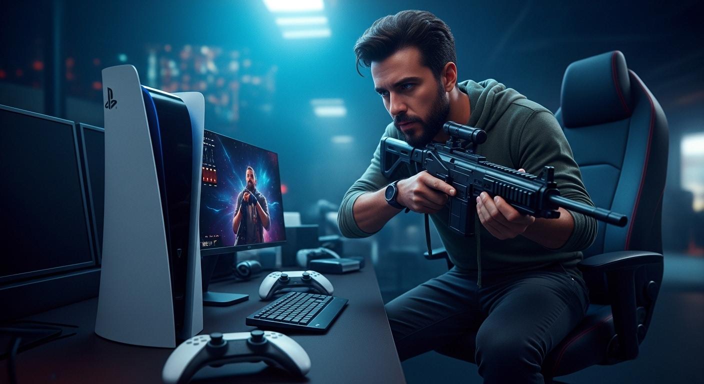 PS5 console beside tax documents and calculator, illustrating tax season impact on gaming in Brazil.