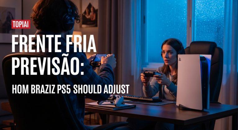 PS5 console in a Brazilian living room during a cool front, with subdued lighting and a window showing overcast skies.