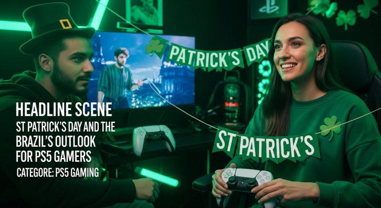 PS5 console with St Patrick's Day decorations in Brazil