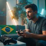 Brazilian gamer on PS5 in a living room