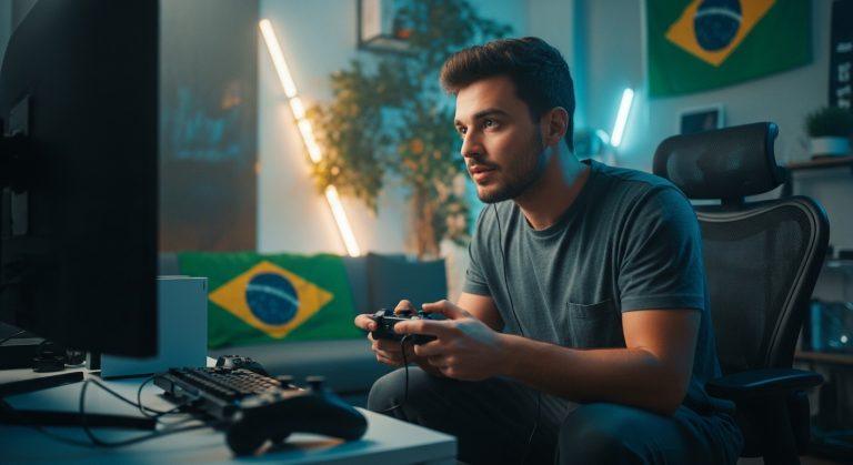 Brazilian gamer on PS5 in a living room