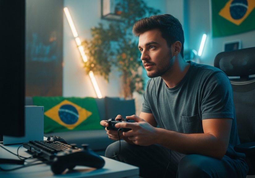 Brazilian gamer on PS5 in a living room
